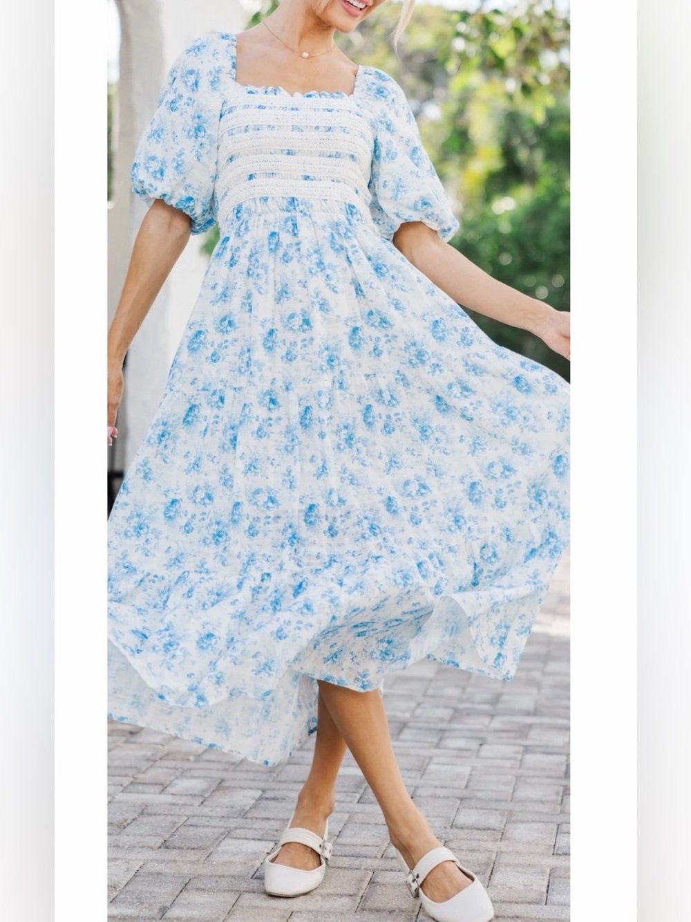 Peach Love California 100% Cotton Blue Floral Puff Sleeve Midi Dress